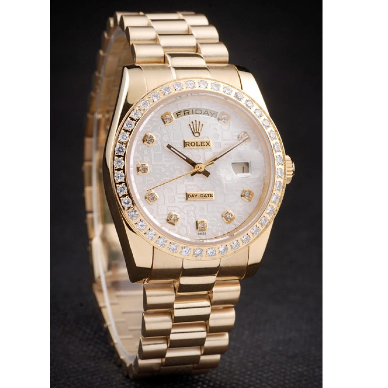 Aaa replica watch Day-Date Dial Gold White Plated Yellow Stainless 18k Rolex Steel 0709